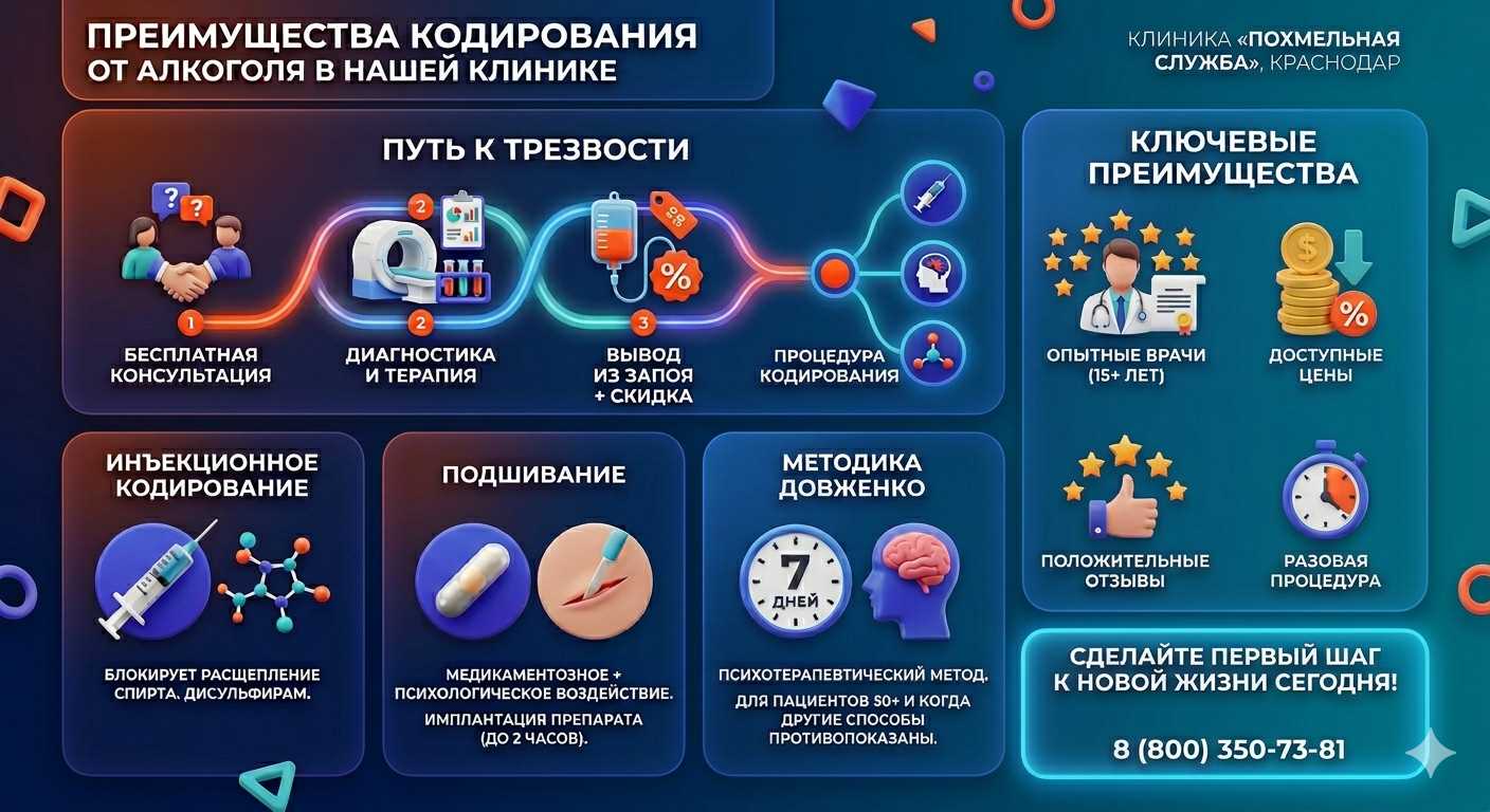 Инфографика о методах кодирования от алкоголя в Ельце: инъекции, подшивание, метод Довженко. Преимущества клиники и этапы лечения.